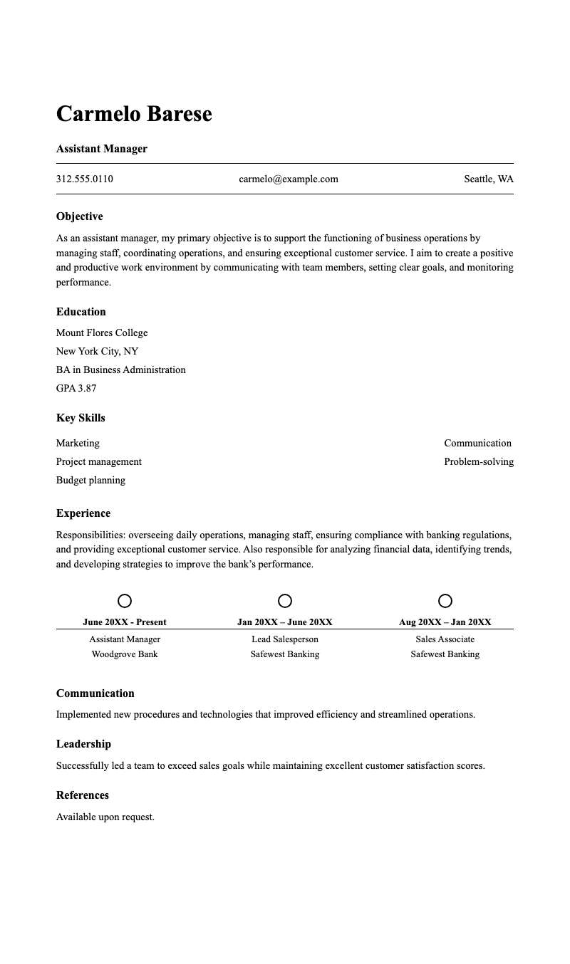 Classic management resume - Professional resume for management professionals with timeline layout and classic serif typography.